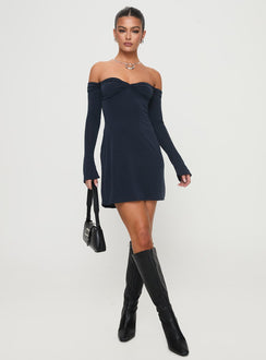 front view of model wearing Princess Polly Suizie Off The Shoulder Mini Dress Navy Sweetheart Neckline 