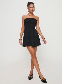 front view of model wearing Princess Polly Joie Strapless Mini Dress Black Straight Neck 