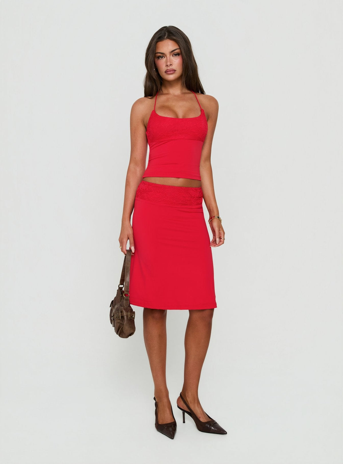 Zenaide Lace Detail Midi Skirt Red