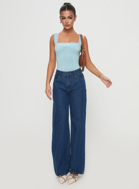 front view of model wearing Princess Polly Keating Bodysuit Baby Blue Sleeveless Square Neck 