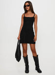 front view of model wearing Princess Polly Baseline Rib Mini Dress Black Square Neck 