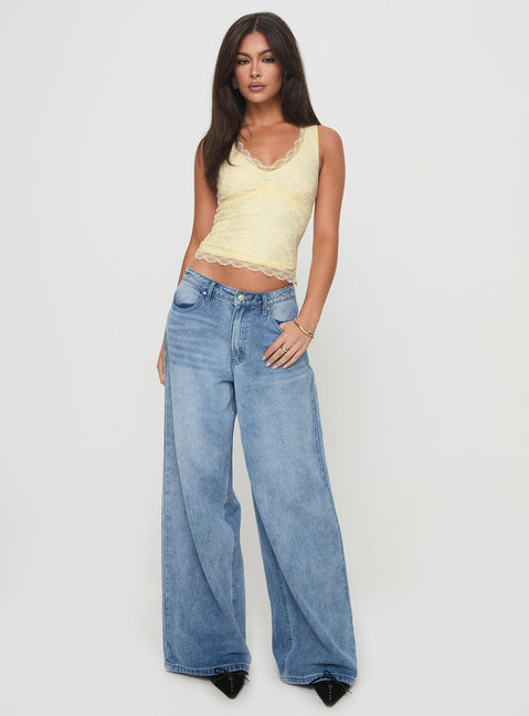 back view of model wearing Princess Polly Far Away Top Yellow Sleeveless Plunger 