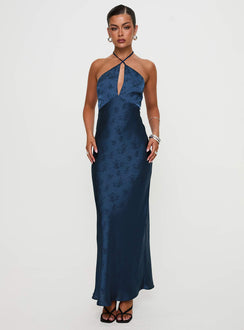 front view of model wearing Princess Polly Limosina Halter Maxi Dress Navy Plunger 