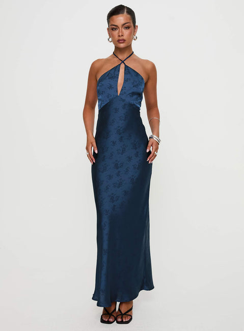 front view of model wearing Princess Polly Limosina Halter Maxi Dress Navy Plunger 
