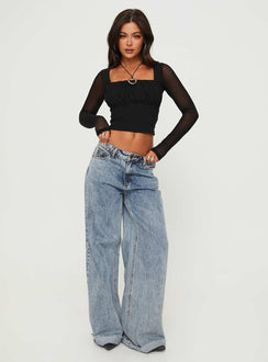 Front view of model wearing  front Princess Polly Full Sleeves Square Neck  Coltan Long Sleeve Top Black