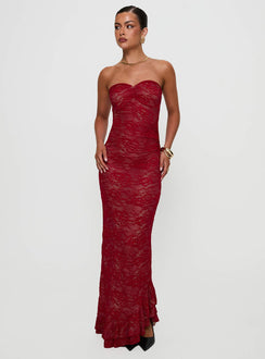front view of model wearing Princess Polly Hailees Lace Strapless Maxi Dress Red Sweetheart Neckline 