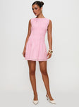 front view of model wearing Princess Polly Evony Shirred Mini Dress Pink Crew Neck 