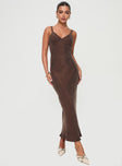 front view of model wearing Princess Polly Laurette Maxi Dress Brown Petite V-Neck 