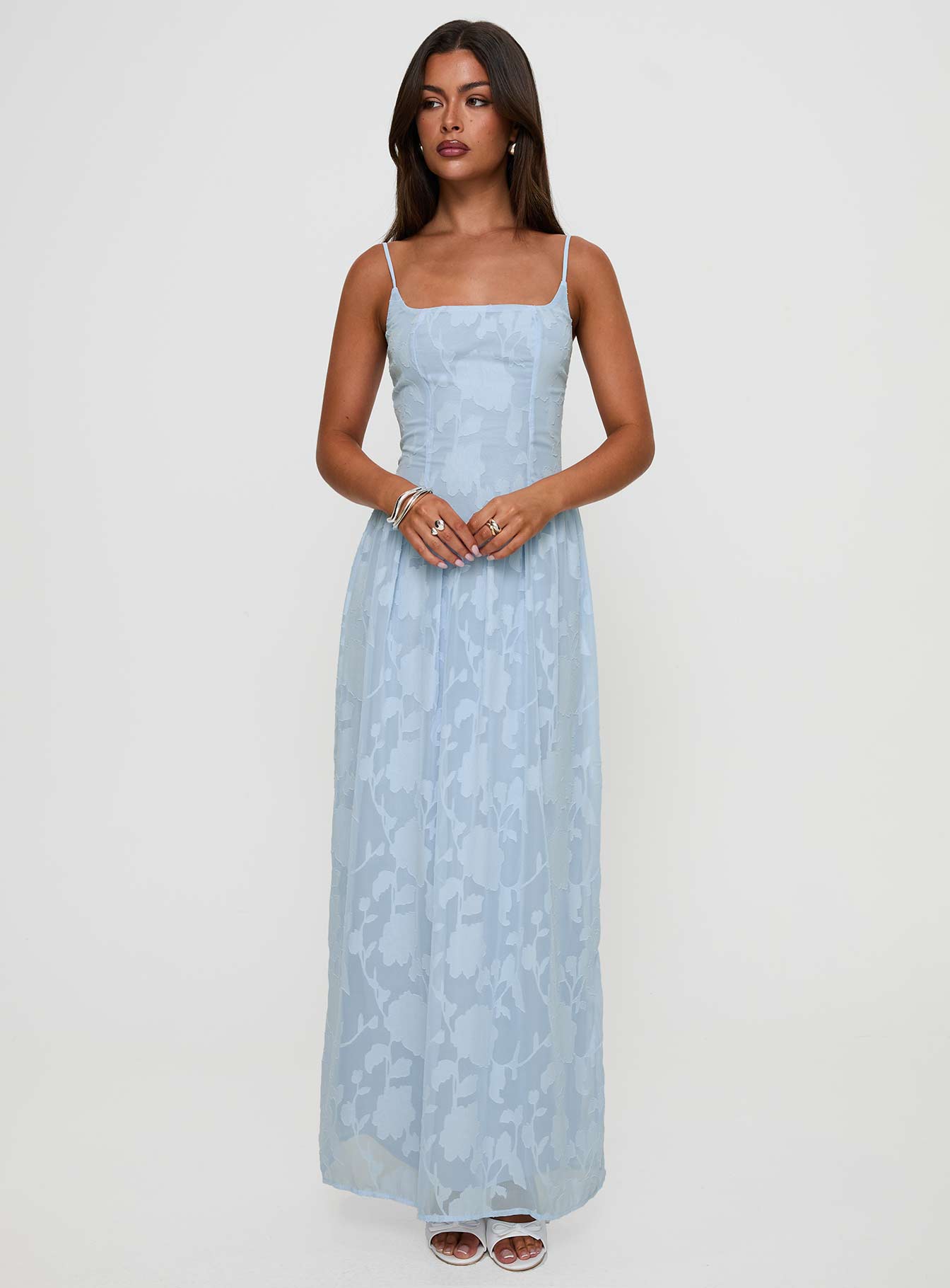 front view of model wearing Princess Polly Angeleina Maxi Dress Blue Floral Square Neck 