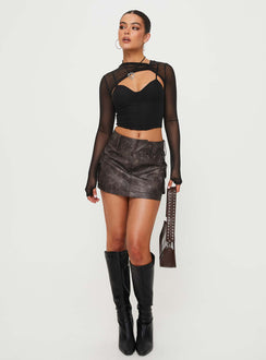   front view of model wearing Princess Polly Domenic Faux Leather Mini Skirt Washed Black Petite Mini Skirts 