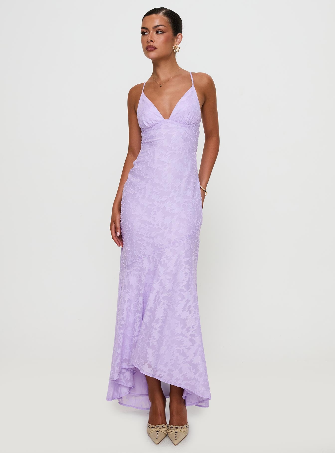 front view of model wearing Princess Polly Cyrene Maxi Dress Lilac Plunger 