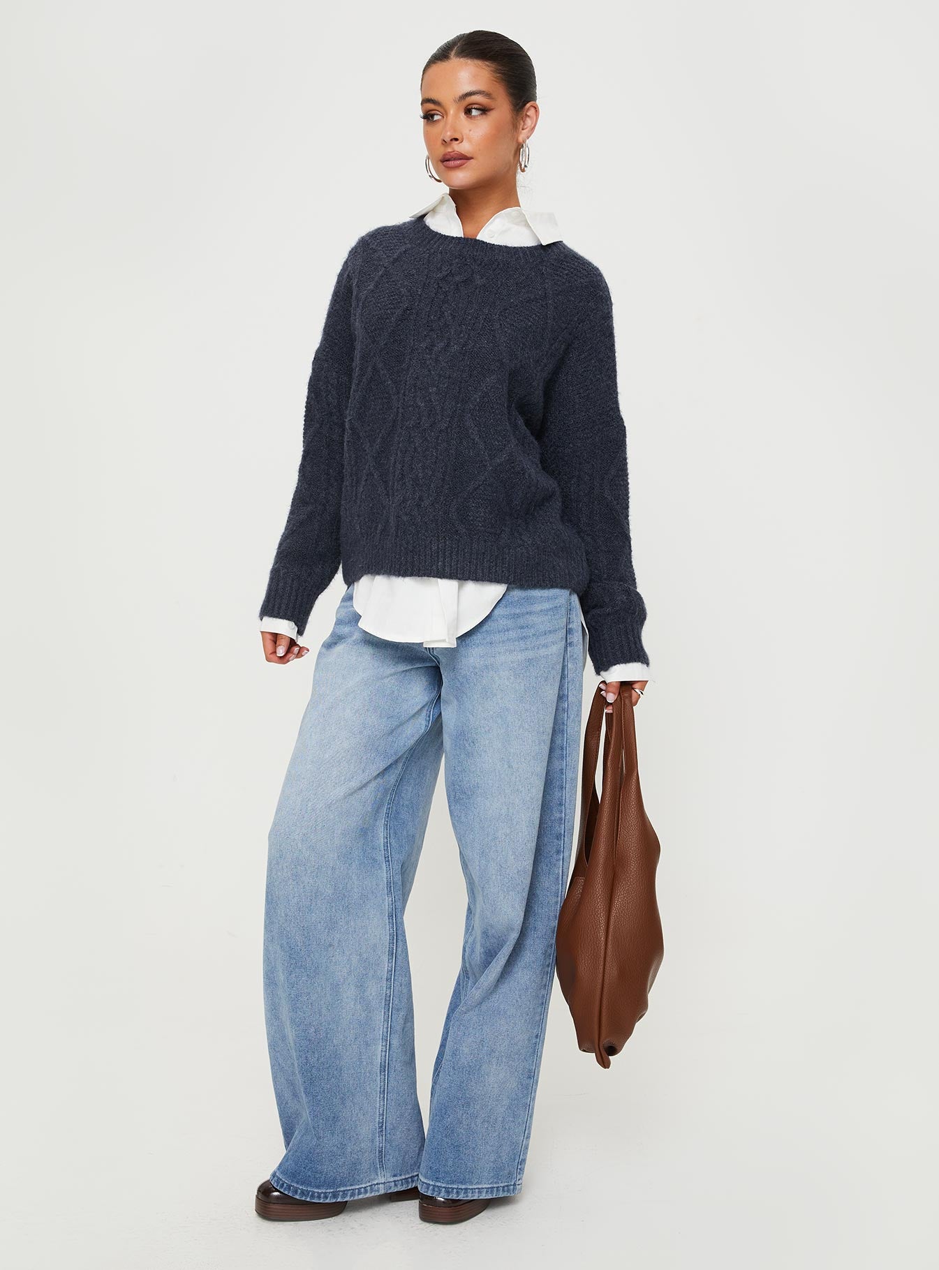 front view of model wearing Princess Polly Canlish Cable Knit Sweater Navy Cropped 