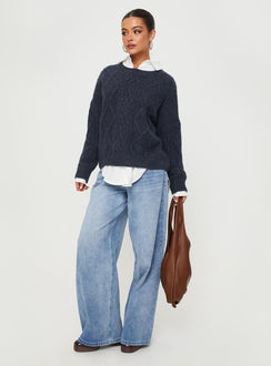 front view of model wearing Princess Polly Canlish Cable Knit Sweater Navy Cropped 