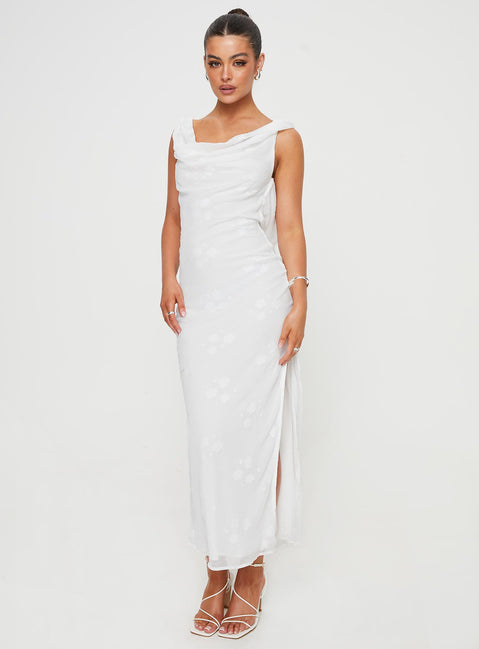 front view of model wearing Princess Polly Contessa Maxi Dress White Cowl Neck 