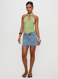 front view of model wearing Princess Polly Quell Top Green Sleeveless High Neck 