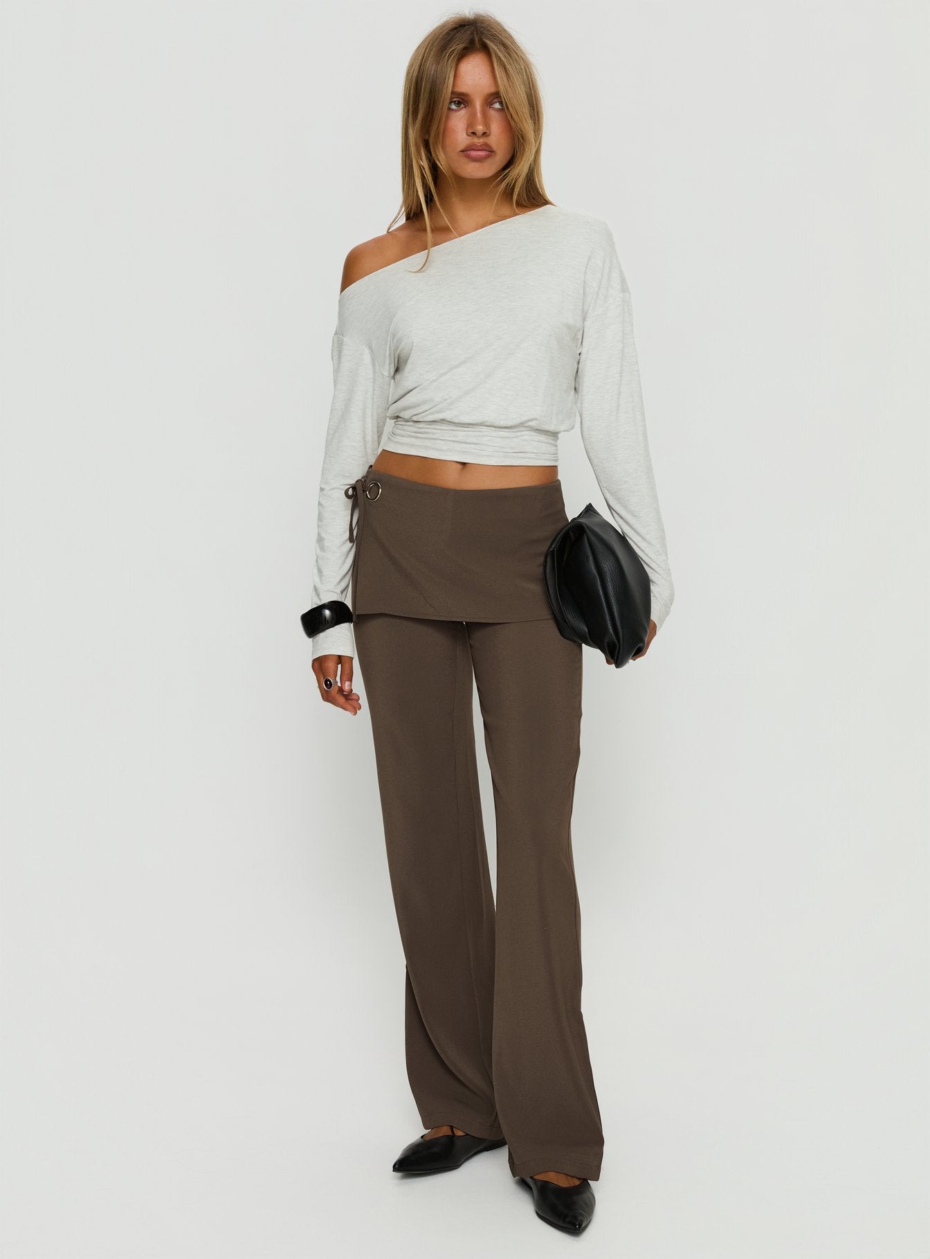 front view of model wearing Princess Polly Elka Wrap Trousers Truffle Mid Rise Pants 