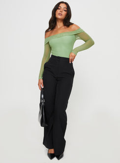front view of model wearing Princess Polly Doza Off The Shoulder Bodysuit Green Full Sleeves straight 