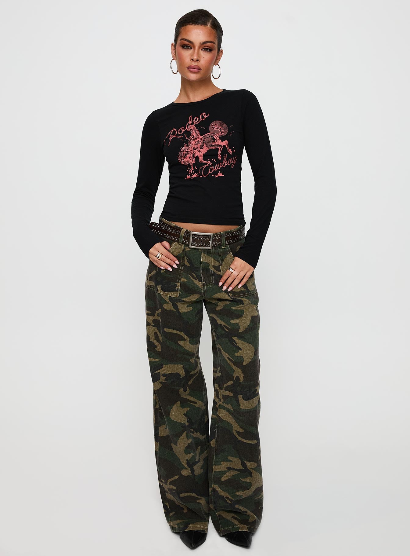 back view of model wearing Princess Polly Rodeo Cowboy Long Sleeve Top Washed Wine Full Sleeves Crew Neck 