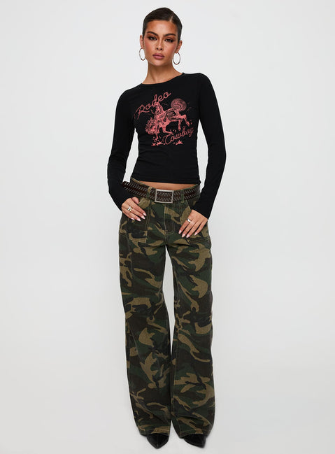 back view of model wearing Princess Polly Rodeo Cowboy Long Sleeve Top Washed Wine Full Sleeves Crew Neck 