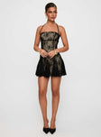 front view of model wearing Princess Polly Delamere Lace Mini Dress Black Straight Neck 