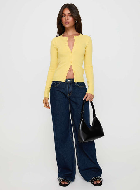 side view of model wearing Princess Polly Lauraine Cardigan Lemon Cropped 