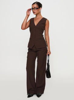 side view of model wearing Princess Polly Ambient Longline Button Up Top Chocolate Sleeveless V-Neck 