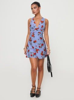 front view of model wearing Princess Polly Connelly Mini Dress Blue Floral Plunger 