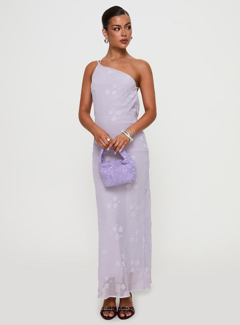 side view of model wearing Princess Polly Jazmira One Shoulder Maxi Dress Lilac Asymmetric Neckline 