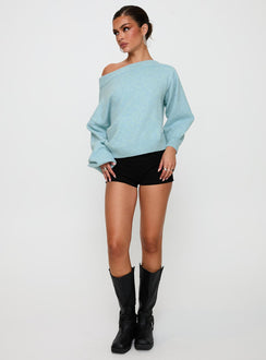 side view of model wearing Princess Polly Noble Off The Shoulder Jumper Blue 
