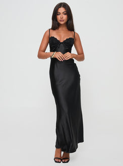 side view of model wearing Princess Polly Fadyen Bias Cut Maxi Dress Black Tall Sweetheart Neckline 