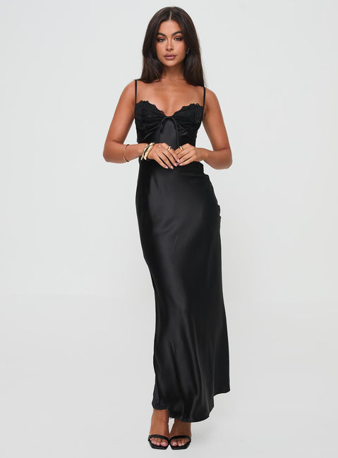 side view of model wearing Princess Polly Fadyen Bias Cut Maxi Dress Black Tall Sweetheart Neckline 