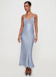 side view of model wearing Princess Polly Treasure Bias Cut Maxi Dress Blue V-Neck 