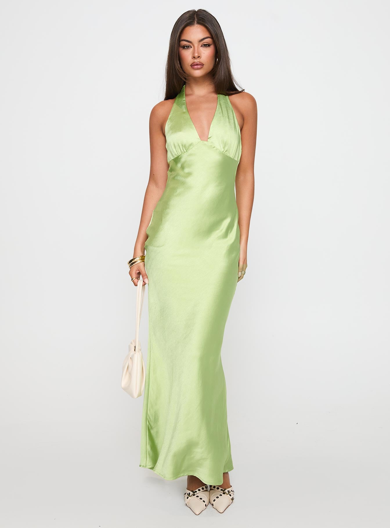 back view of model wearing Princess Polly Gloriana Halter Maxi Dress Green Plunger 