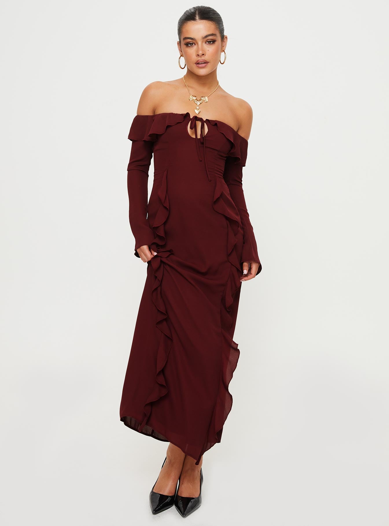 product Princess Polly Asymmetric Neckline  Molins Off The Shoulder Maxi Dress Burgundy