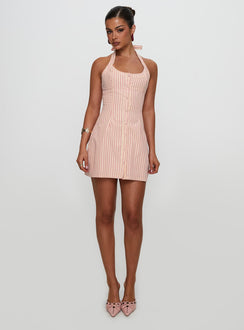 side view of model wearing Princess Polly Mallorie Halter Mini Dress Pink Stripe Scoop Neck 