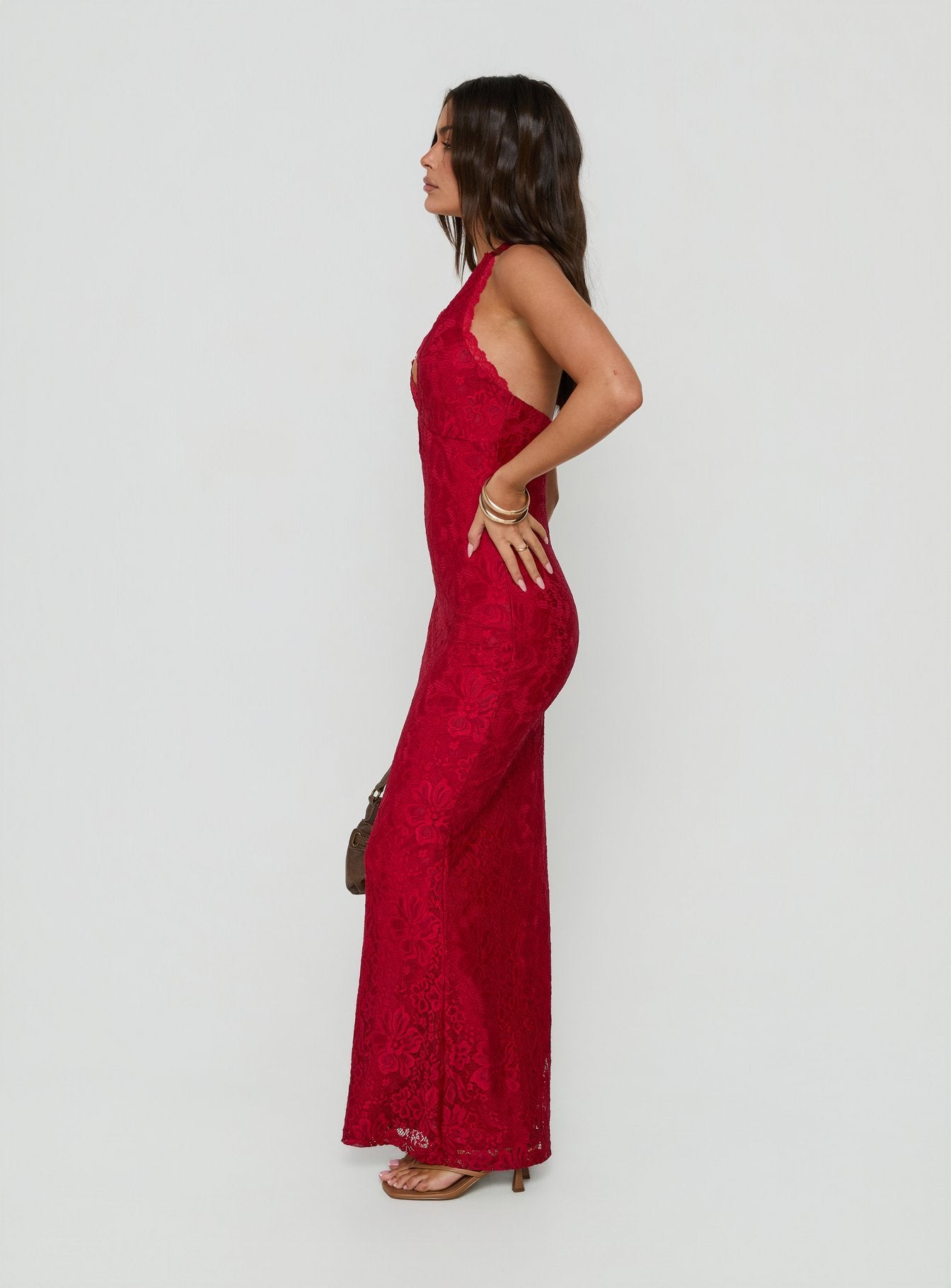 Kalaia Lace Halter Maxi Dress Red