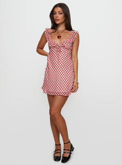 front view of model wearing Princess Polly Marseilla Mini Dress Red Check V-Neck 