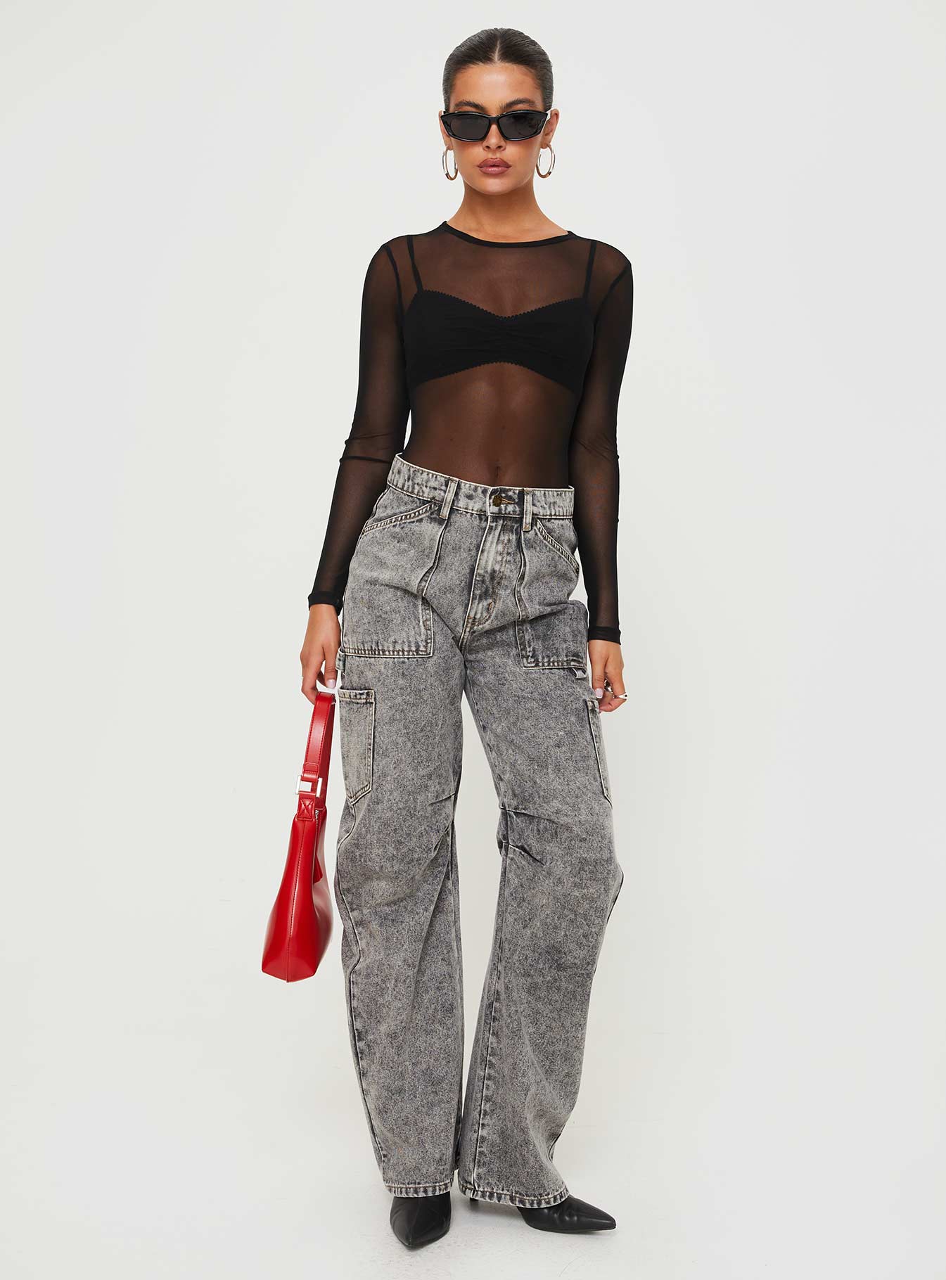 back view of model wearing Princess Polly Minsky Long Sleeve Mesh Bodysuit Black Full Sleeves 