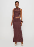 front view of model wearing Princess Polly Vesperine Lace Maxi Dress Cocoa Brown High Neck 