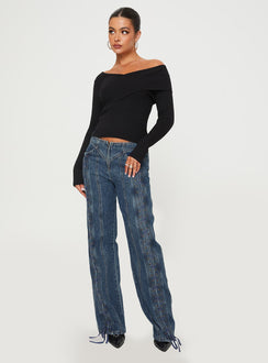 Front view of model wearing  front Princess Polly Full Sleeves Asymmetric Neckline  Nolia Long Sleeve Top Black