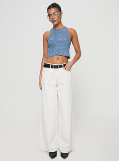 back view of model wearing Princess Polly Abdiel Top Blue Sleeveless Crew Neck 