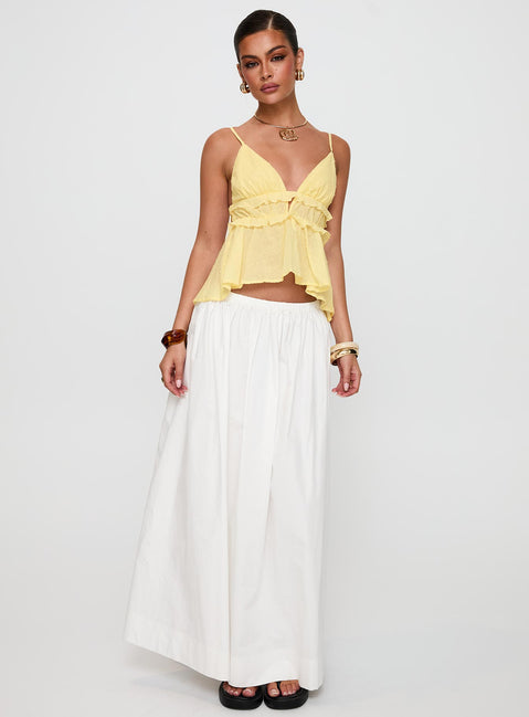 front view of model wearing Princess Polly Blondelle Frill Detail Top Yellow Sleeveless Plunger 