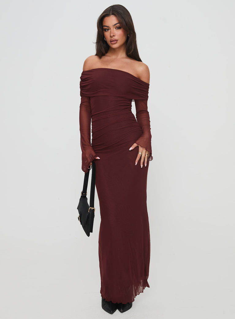 front view of model wearing Princess Polly Consideration Maxi Dress Chocolate Straight Neck 