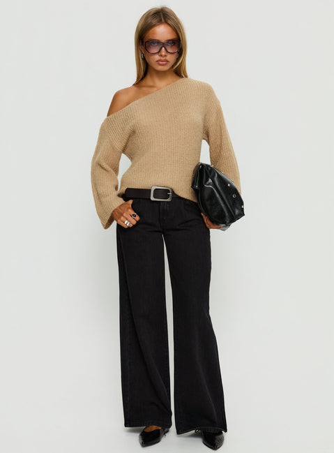 front view of model wearing Princess Polly Delyn Off Shoulder Slouchy Knit Sweater Camel Cropped Jumpers 