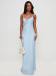 side view of model wearing Princess Polly Linger Bias Cut Maxi Dress Blue V-Neck 