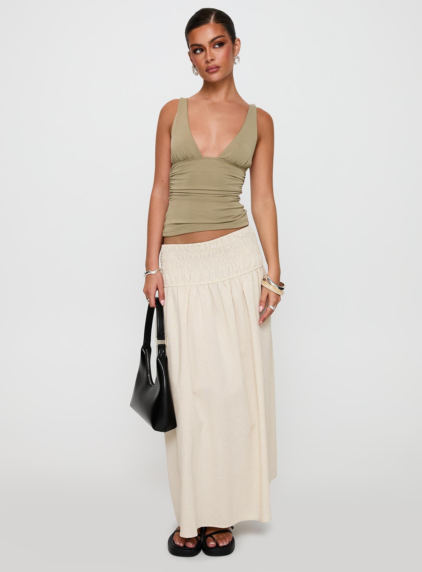   front view of model wearing Princess Polly Small Towns Shirred Midi Skirt Beige Maxi 