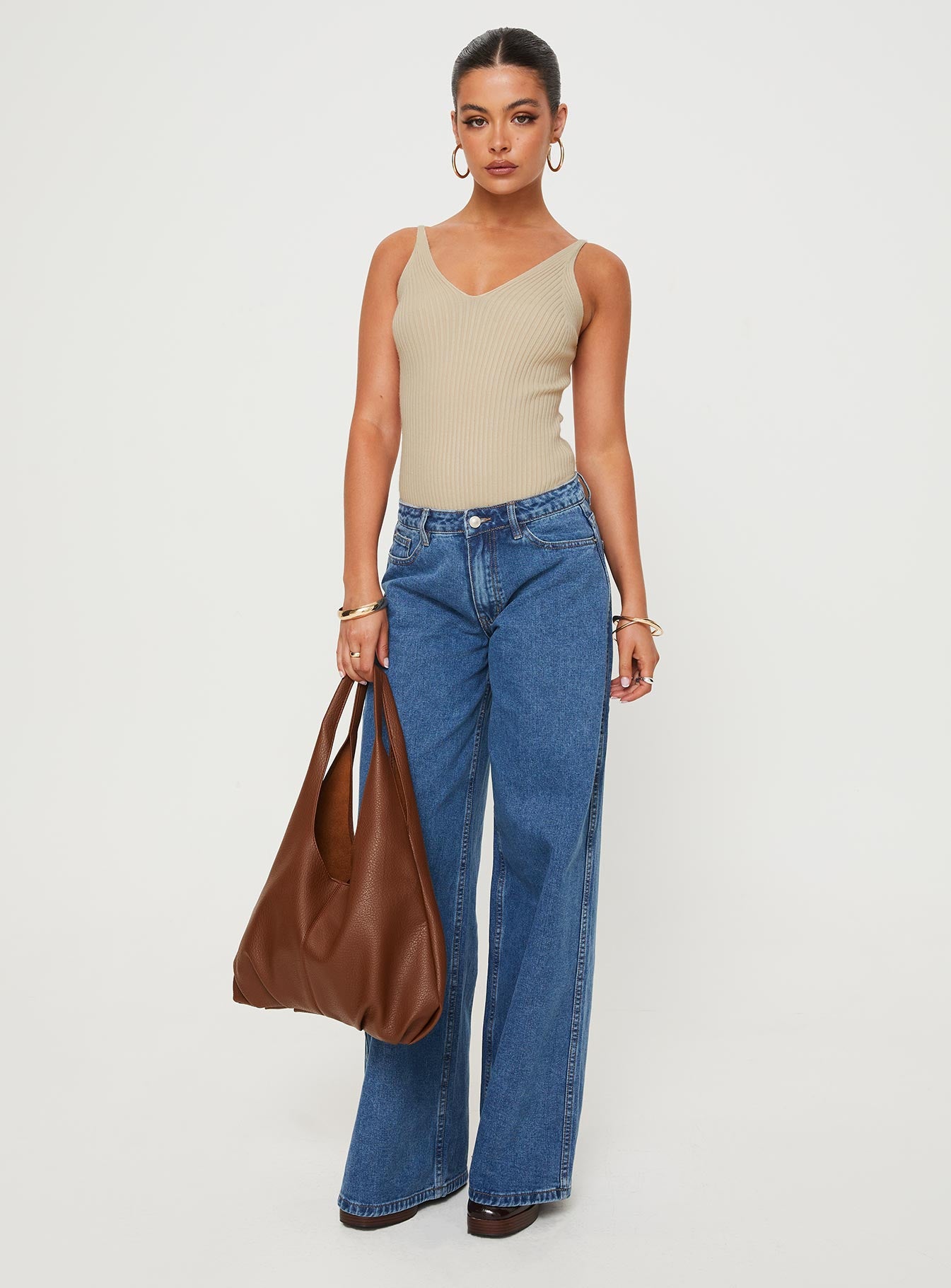 side view of model wearing Princess Polly Keenan Bodysuit Beige Sleeveless V-Neck 