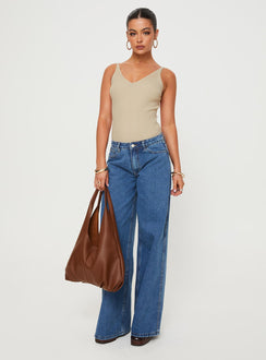 side view of model wearing Princess Polly Keenan Bodysuit Beige Sleeveless V-Neck 