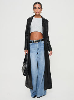 <ul> <li>Faux leather coat</li> <li>Lapel collar, button fastening down front, shoulder pads</li> </ul>