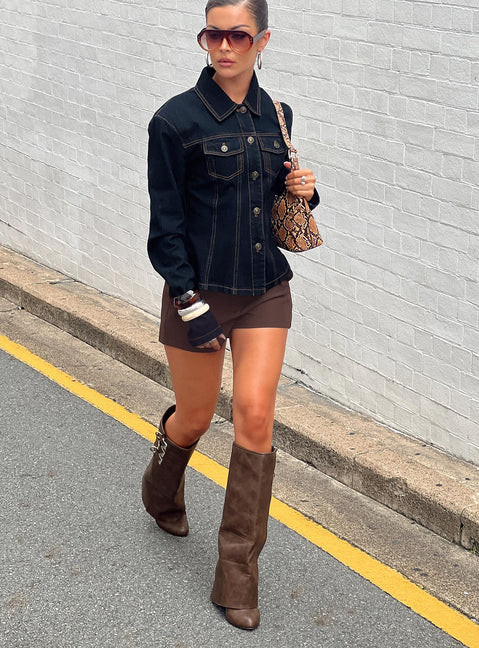 front view of model wearing Princess Polly Ellerie Tailored Shorts Chocolate High Waisted Shorts 